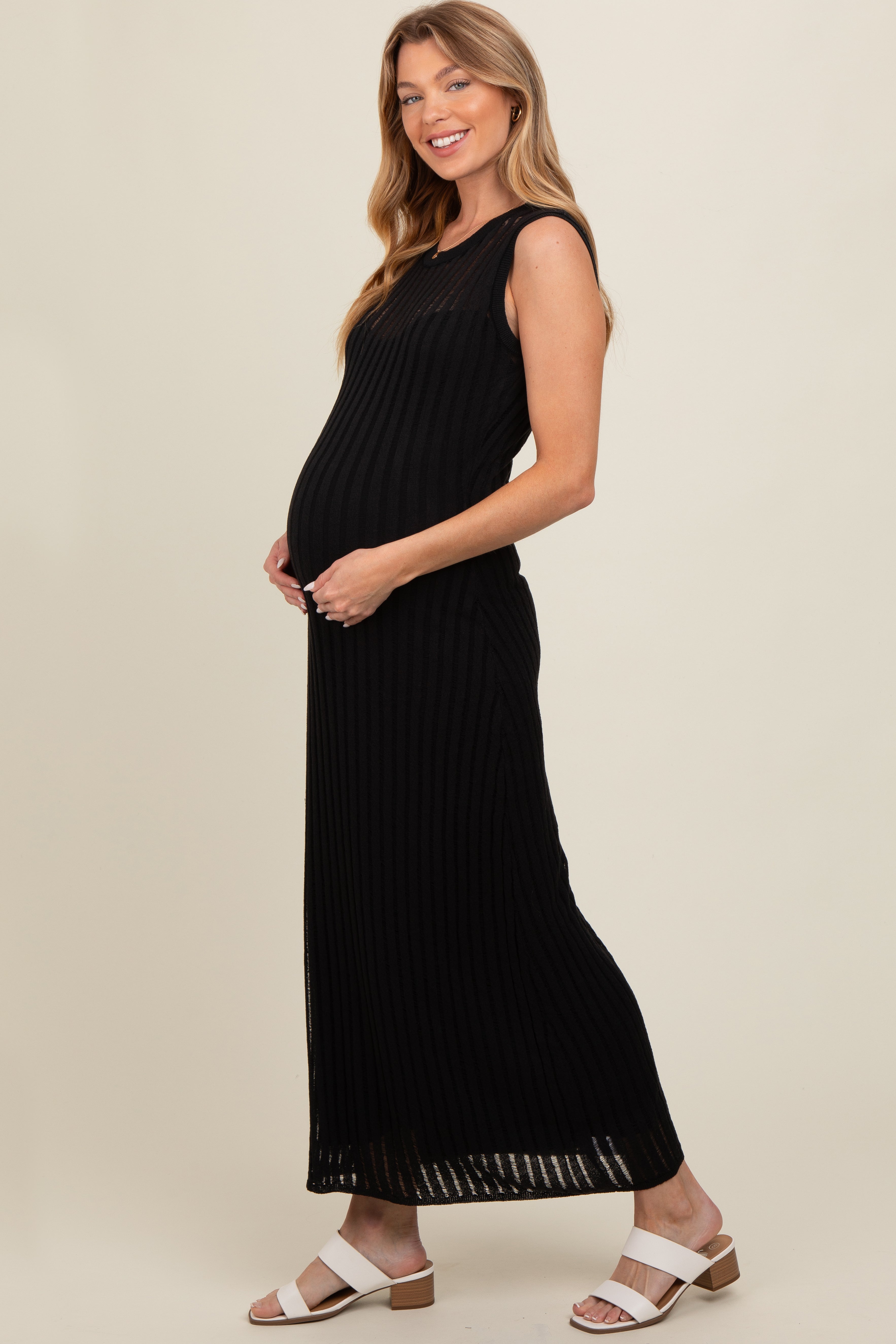 Black Sheer Knit Layered Maternity Maxi Dress PinkBlush