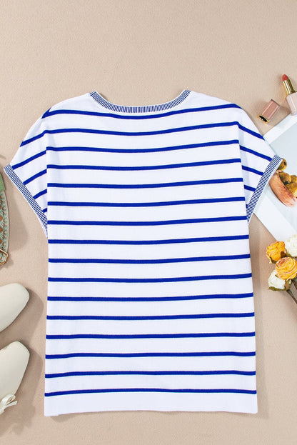 Striped Round Neck Cap Sleeve Knit Top.