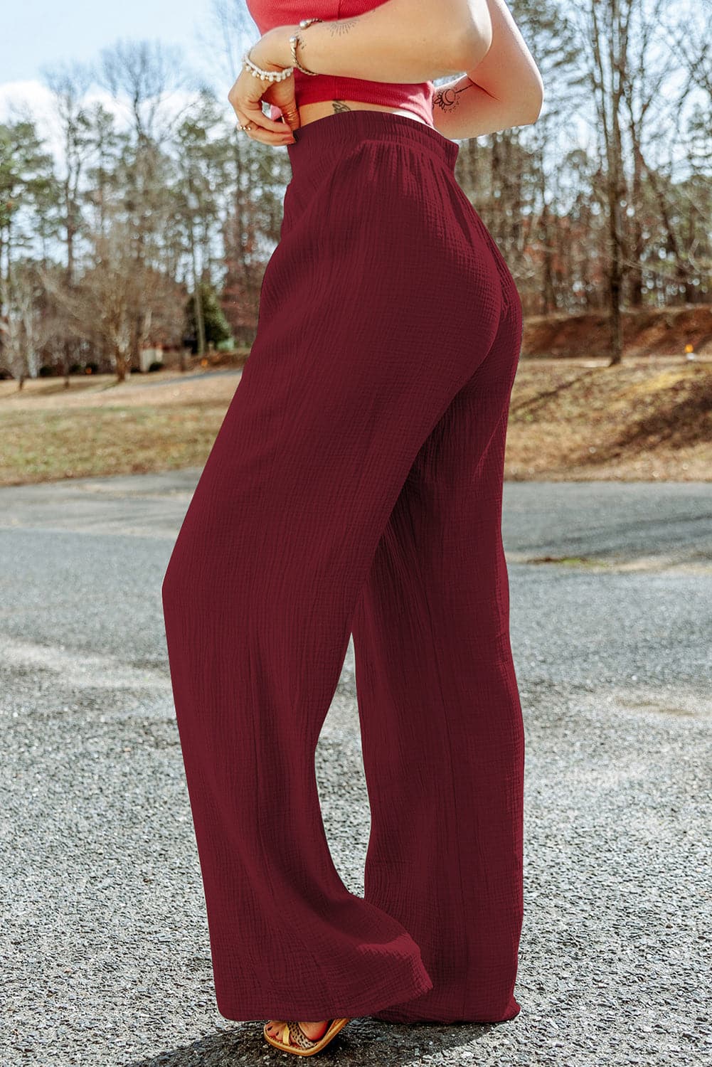 Texture Tied Wide Leg Pants.