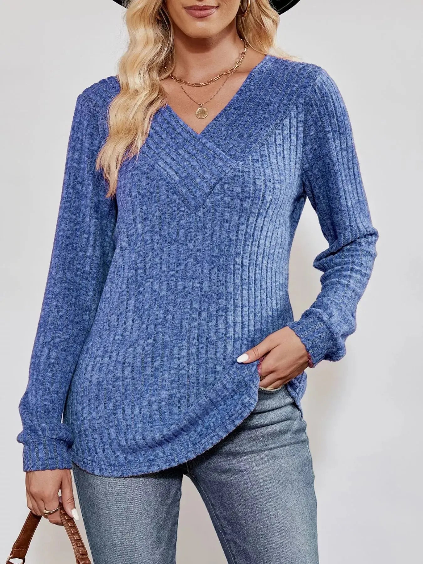 Ribbed Knit V-Neck Long Sleeve T-Shirt Simply Love