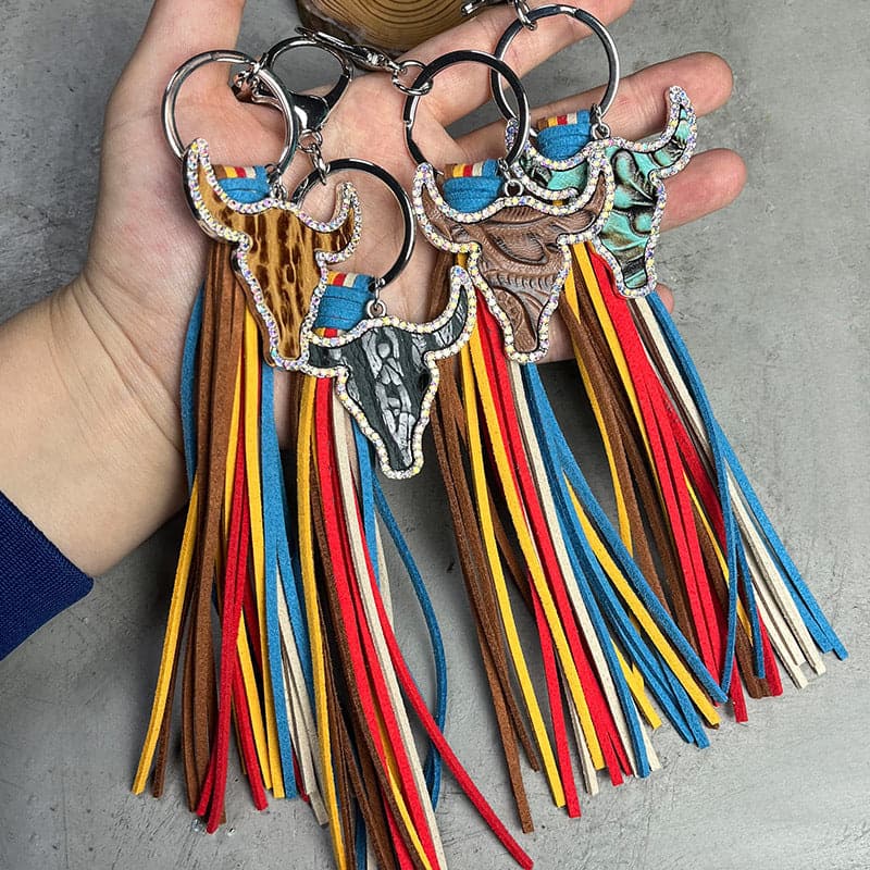 Rhinestone Bull Keychain with Tassel.