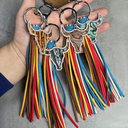 Rhinestone Bull Keychain with Tassel.