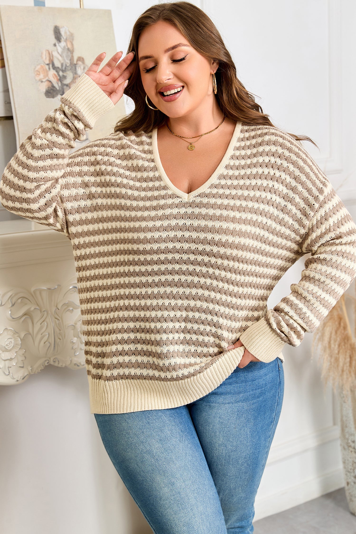 Dear-Lover Khaki Stripe Plus Size Women's V-Neck Sweater Casual Fall Knit Dear-Lover Dropshipping