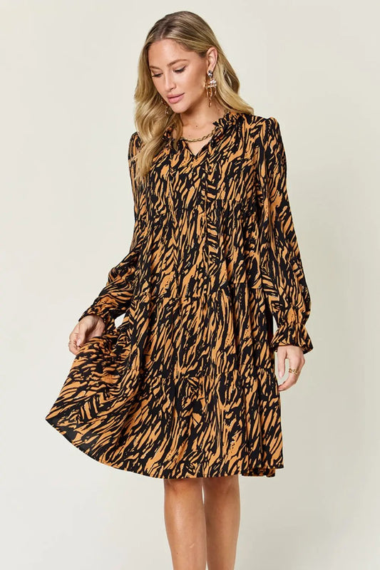 Double Take Full Size Printed Ruffle Hem Long Sleeve Dress - Love Salve