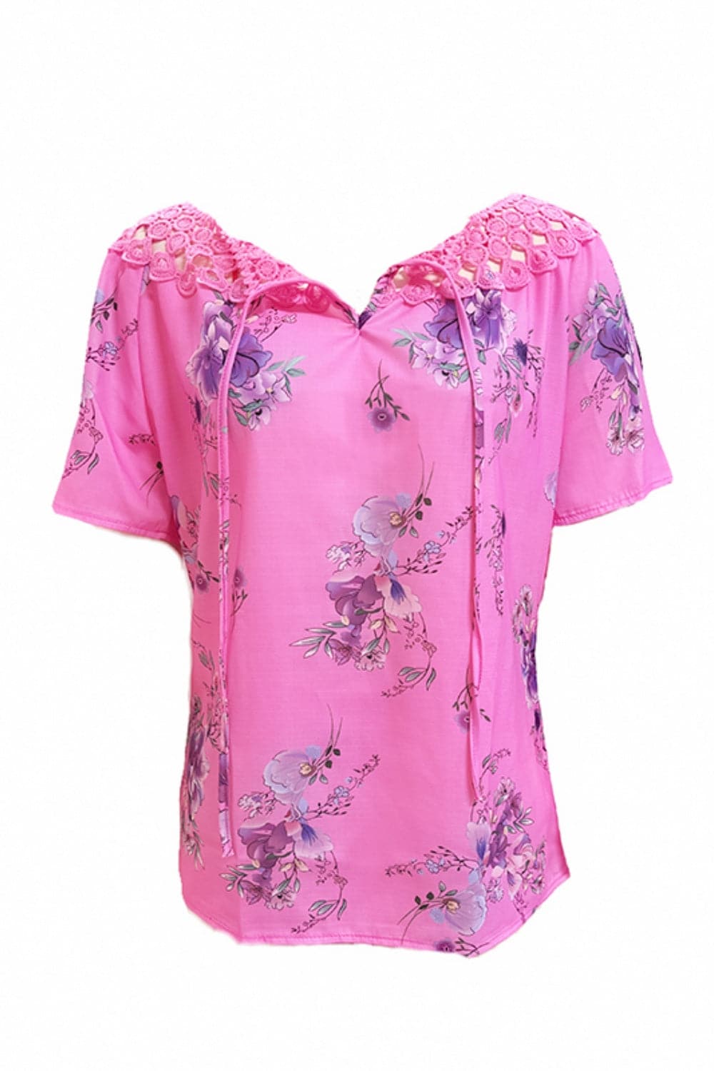 Full Size Printed Tie Neck Short Sleeve Blouse.