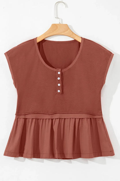 Short Sleeve U Neck Buttons Splicing Ruffle Blouse