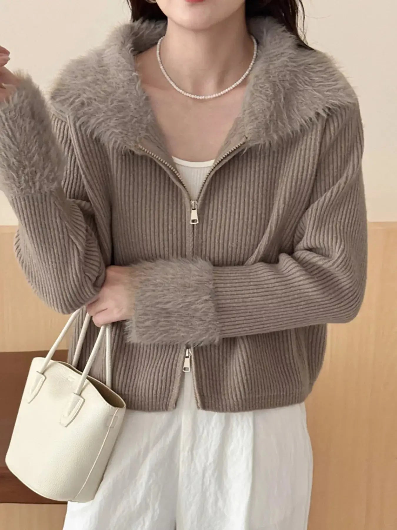 Fluffy Trim Zip-Up Cardigan Simply Love