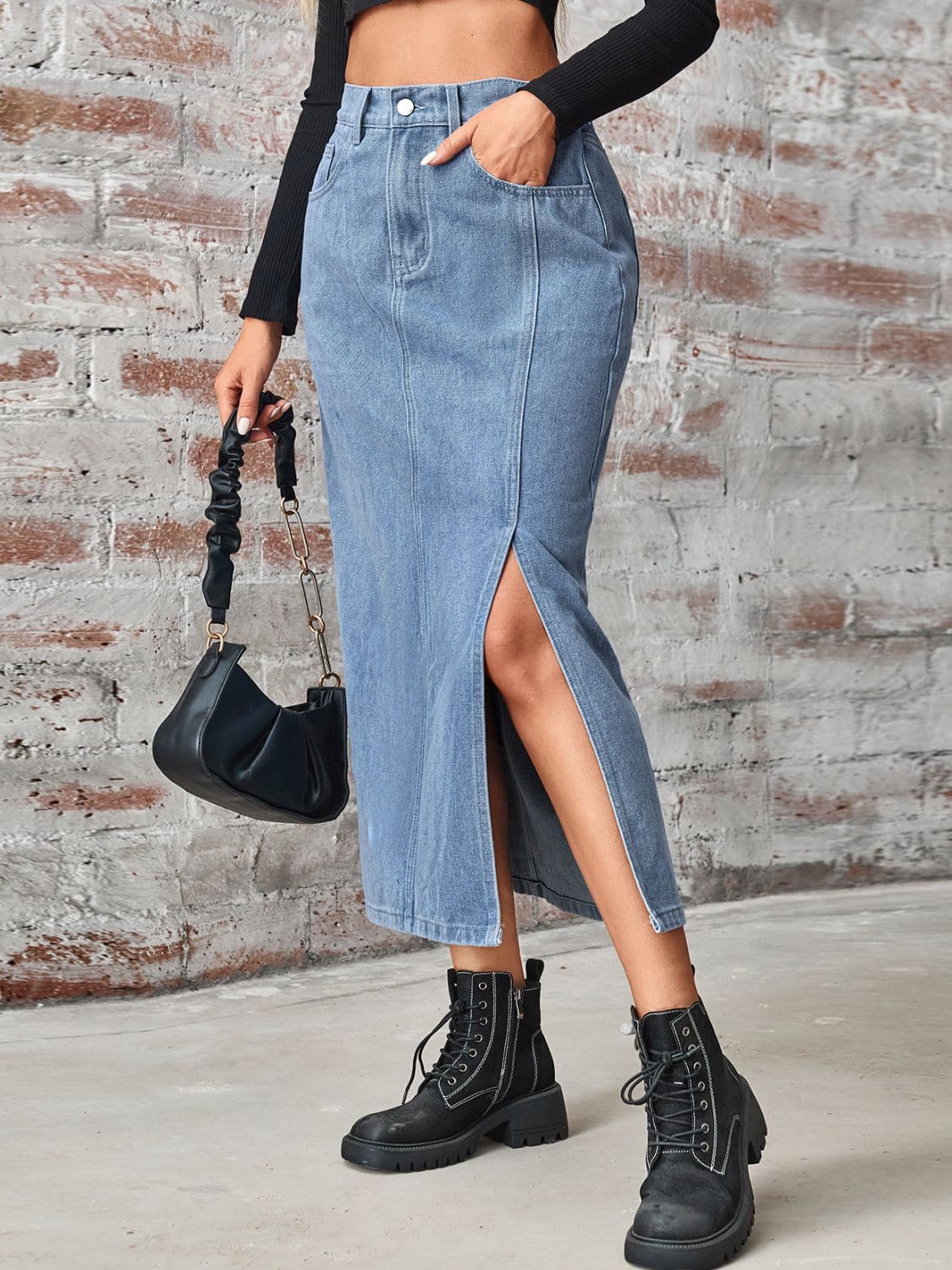 Slit High Waist Denim Skirt with Pockets.