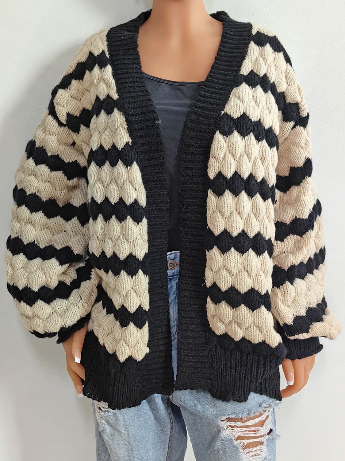 Striped Contrast Open Front Long Sleeve Cardigan.