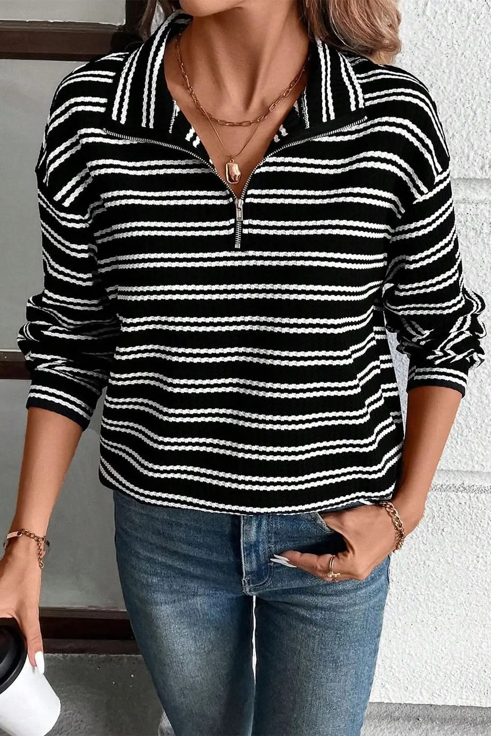 Black Stripe Textured Quarter Zip Collar Long Sleeve Top - Love Salve 