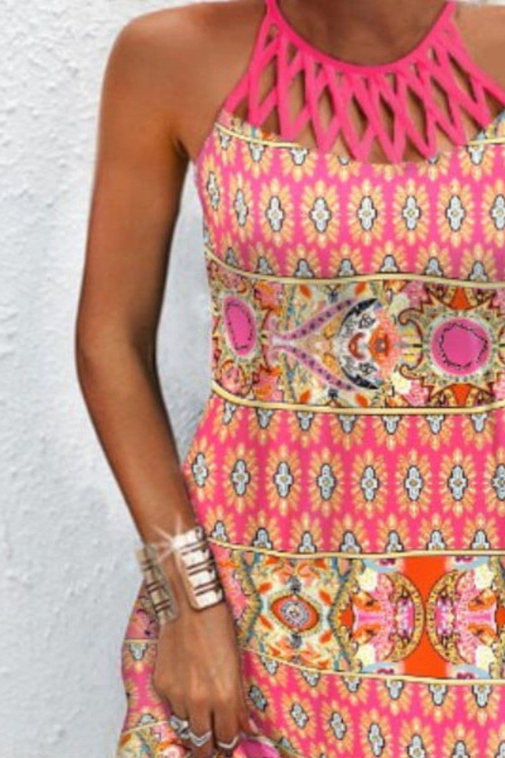 Printed Grecian Neck Mini Dress.