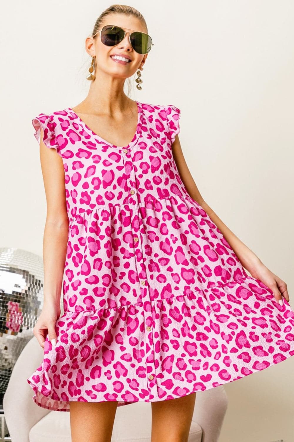 BiBi Leopard Cap Sleeve Tiered Mini Dress.