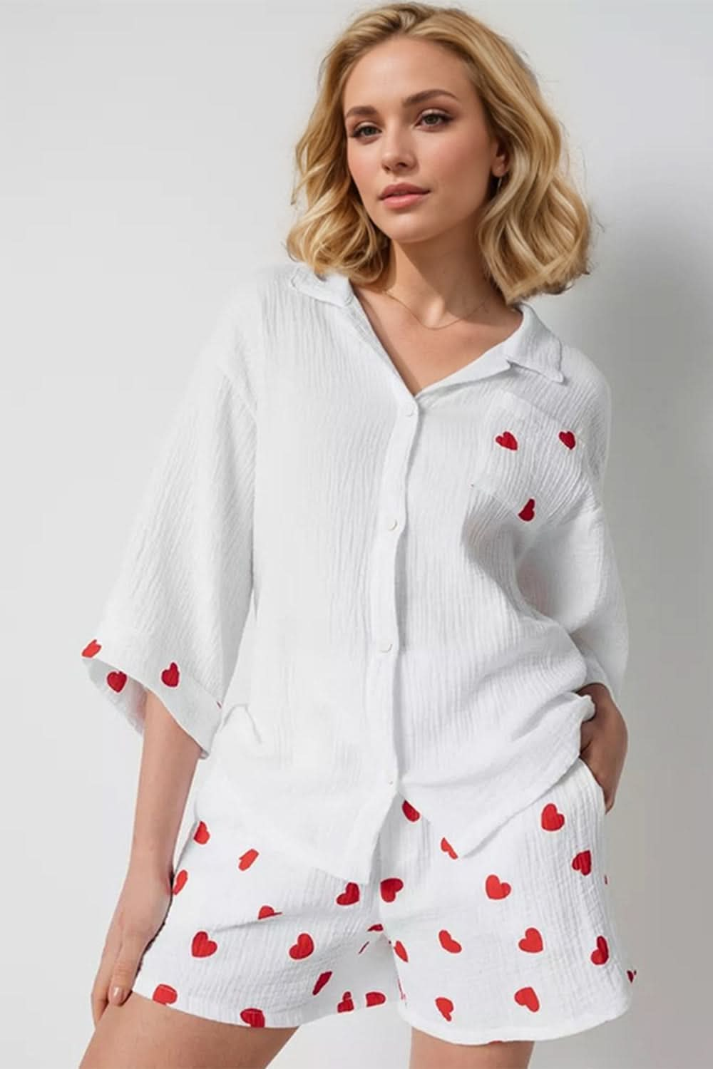 Chic Heart-Collared Button Down Top and Shorts Set