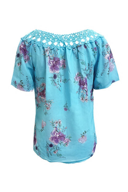 Full Size Printed Tie Neck Short Sleeve Blouse.