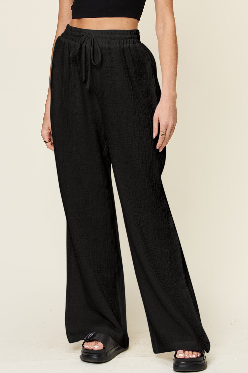 Double Take Full Size Texture Drawstring Wide Leg Pants.