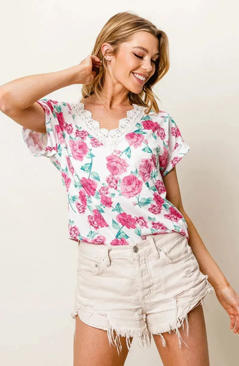 BiBi Rose Printed Poly Span with Crochet Lace Top - Love Salve 