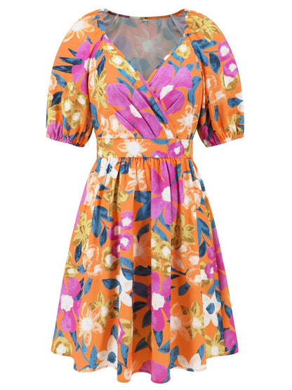 Printed Surplice Short Sleeve Dress.