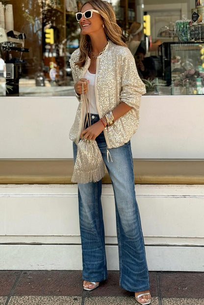 Glamorous apricot sequin zip-up jacket with long sleeves