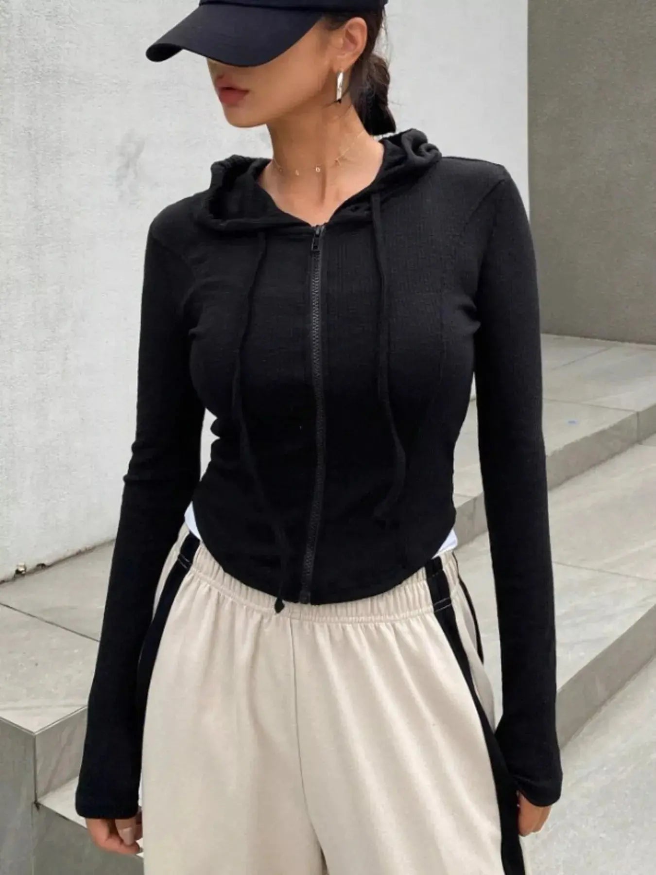 Ribbed Knit Cropped Zip-Up Outerwear Simply Love