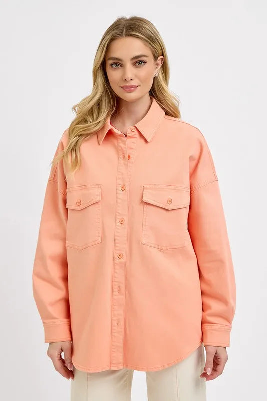 Risen Full Size Button Down Long Sleeve Denim Shacket with Chest Pockets Plus Size - Love Salve 
