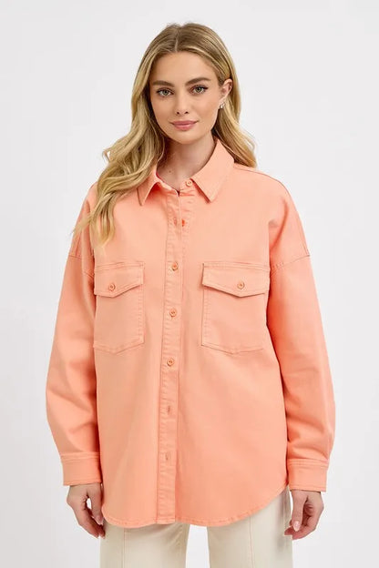 Risen Full Size Button Down Long Sleeve Denim Shacket with Chest Pockets Plus Size - Love Salve 