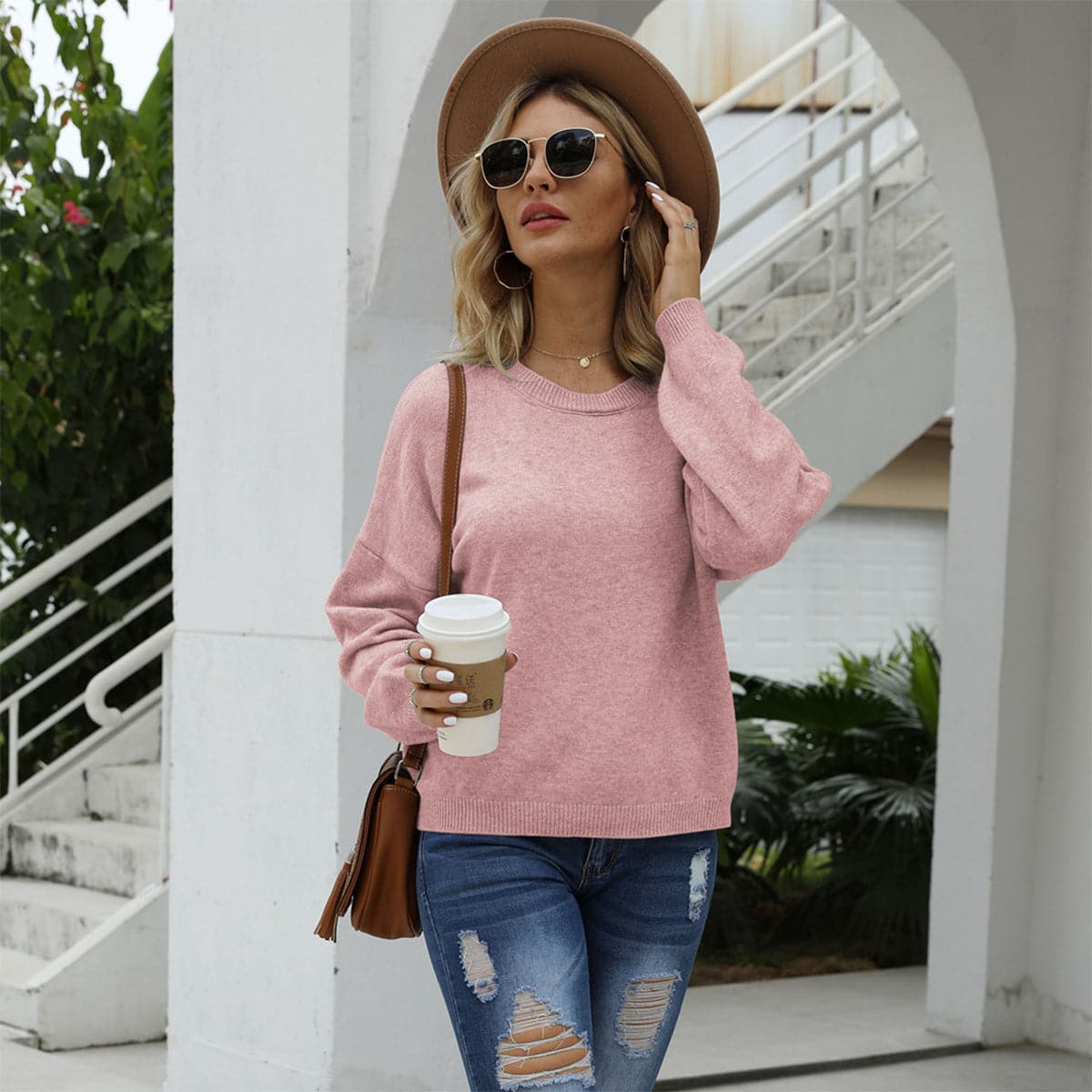 Round Neck Long Sleeve Drop Shoulder Sweater.