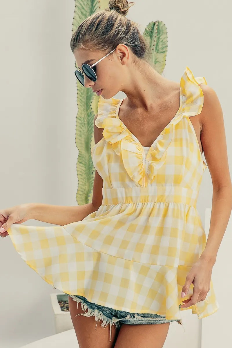 BiBi Ruffled Neckline Sleeveless Check Plaid Peplum Top - Love Salve 