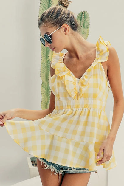 BiBi Ruffled Neckline Sleeveless Check Plaid Peplum Top - Love Salve 