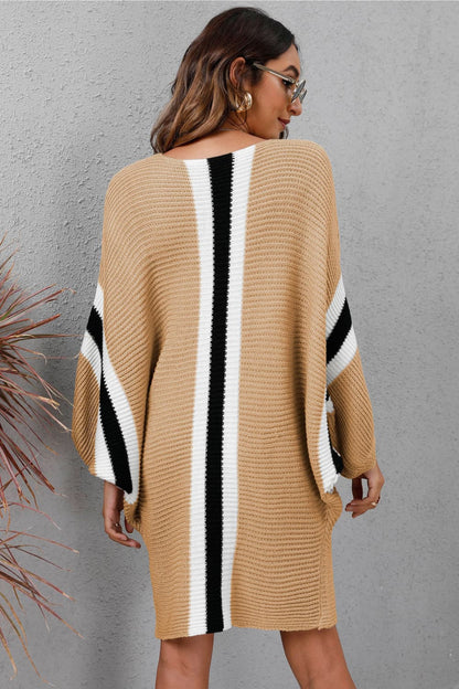 Ribbed Round Neck Long Sleeve Sweater Dress.