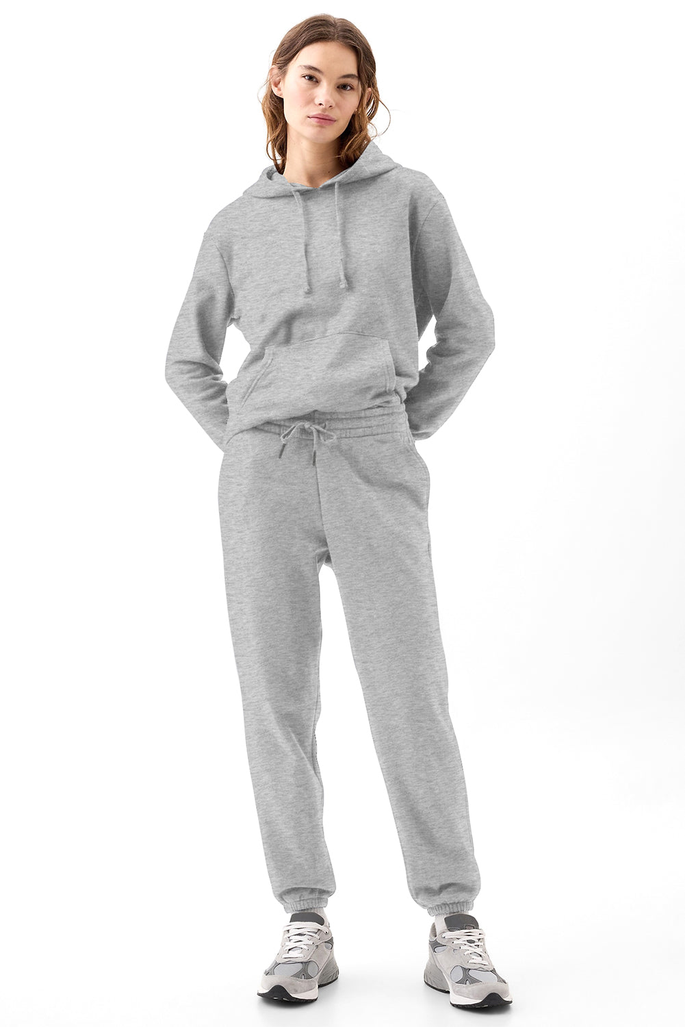 Cozy light grey fleece-lined joggers with adjustable drawstring waist