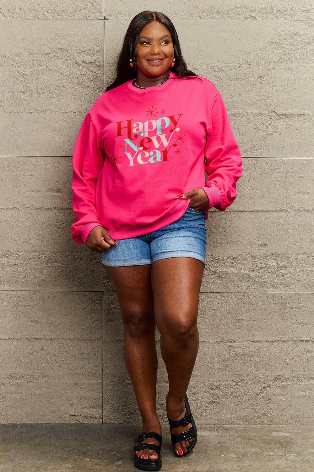 Simply Love Full Size HAPPY NEW YEAR Round Neck Sweatshirt.