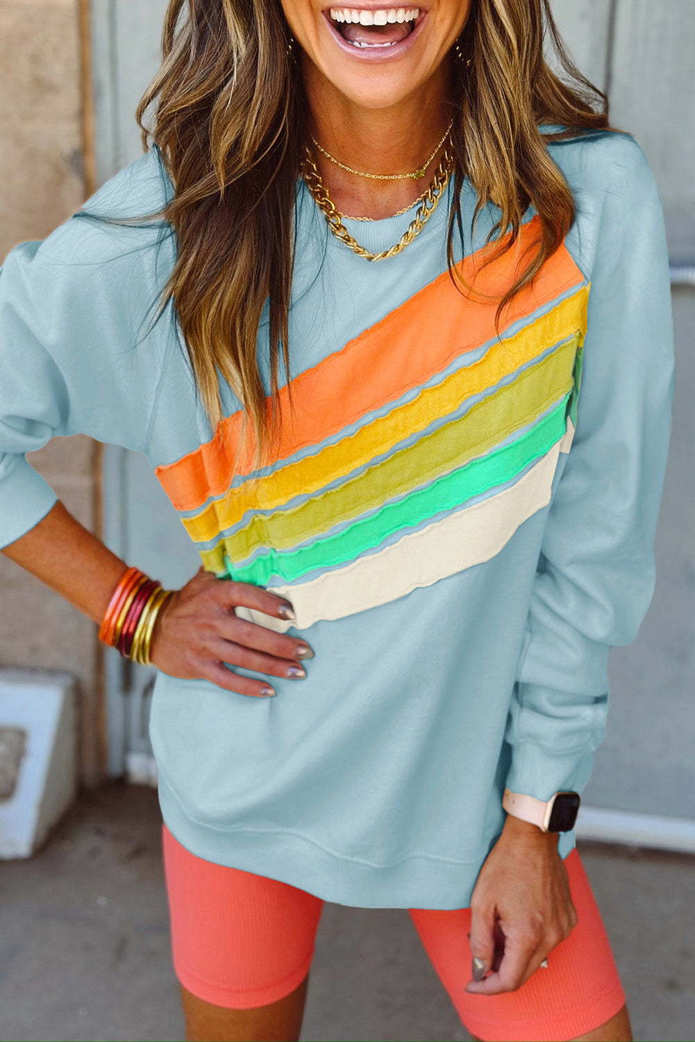 Vibrant rainbow colorblock striped pullover sweatshirt in beau blue