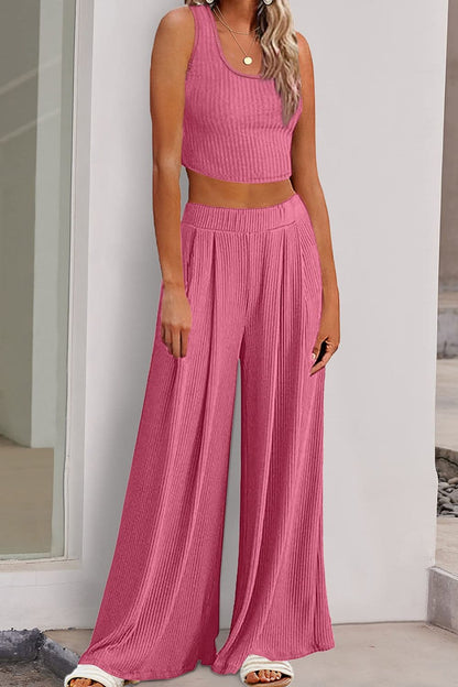 Scoop Neck Top and Wide Leg Pants Set.