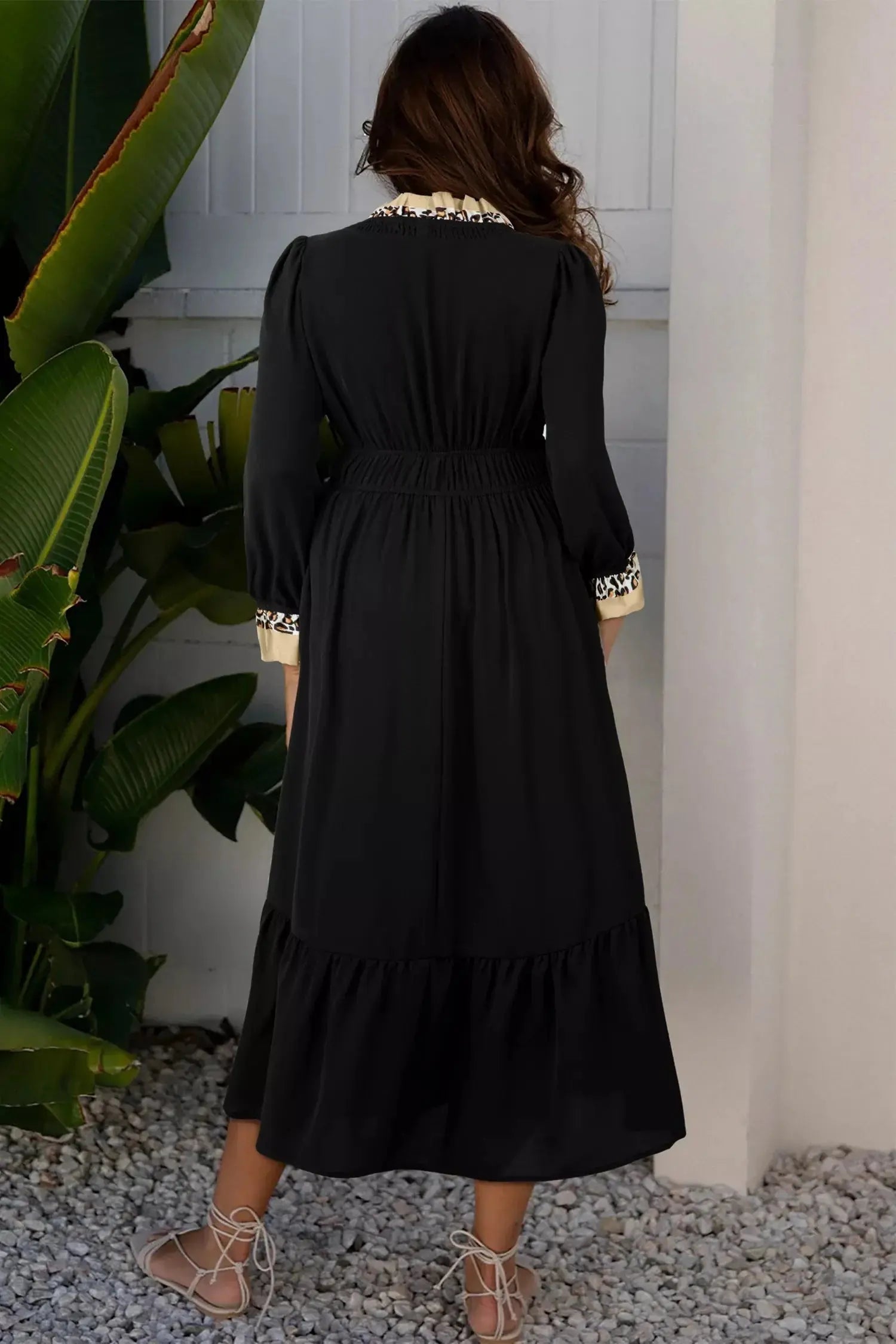 Contrast Leopard Frilled Trim V Neck Bracelet Sleeve Midi Dress Simply Love