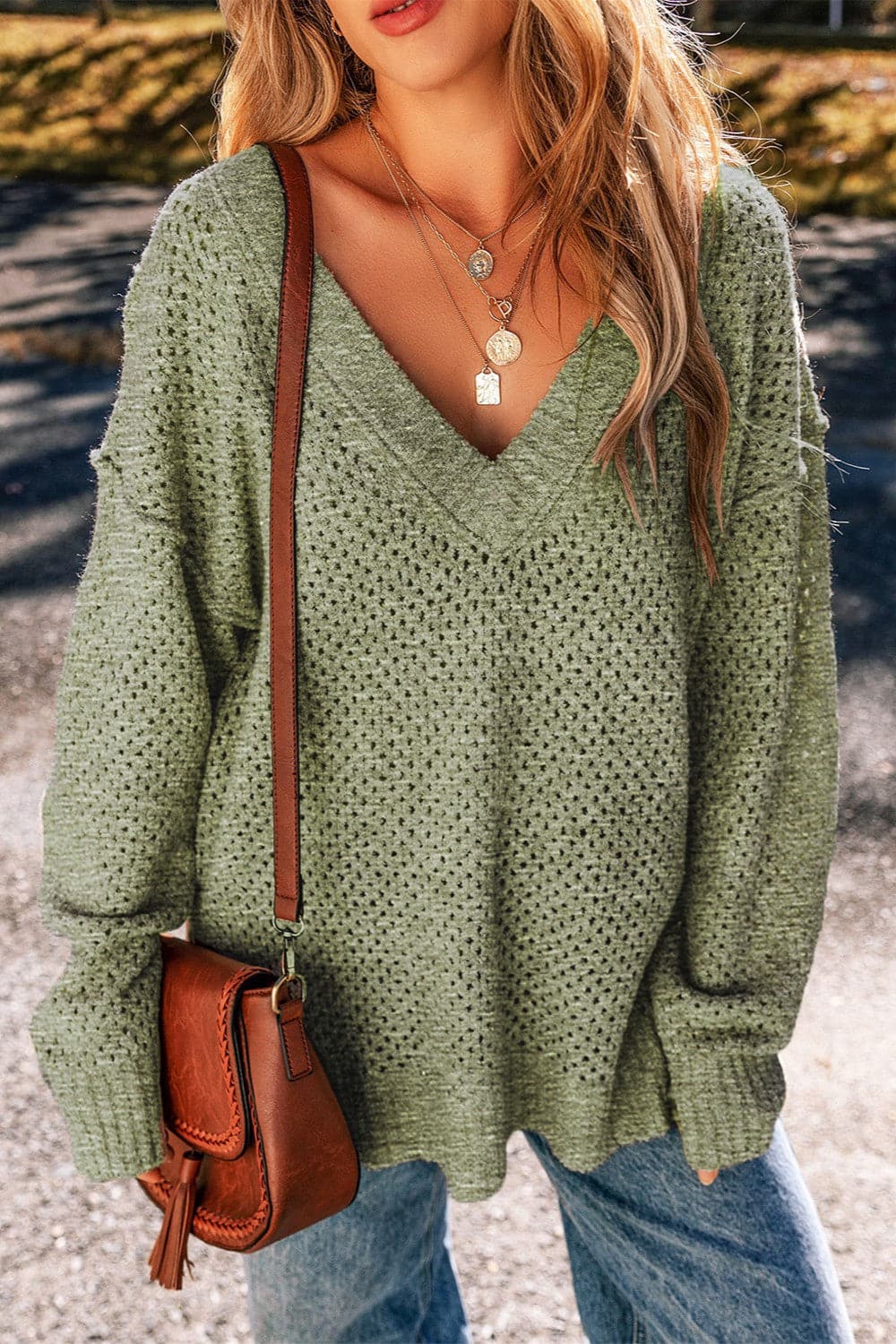 Openwork V-Neck Dropped Shoulder Sweater.