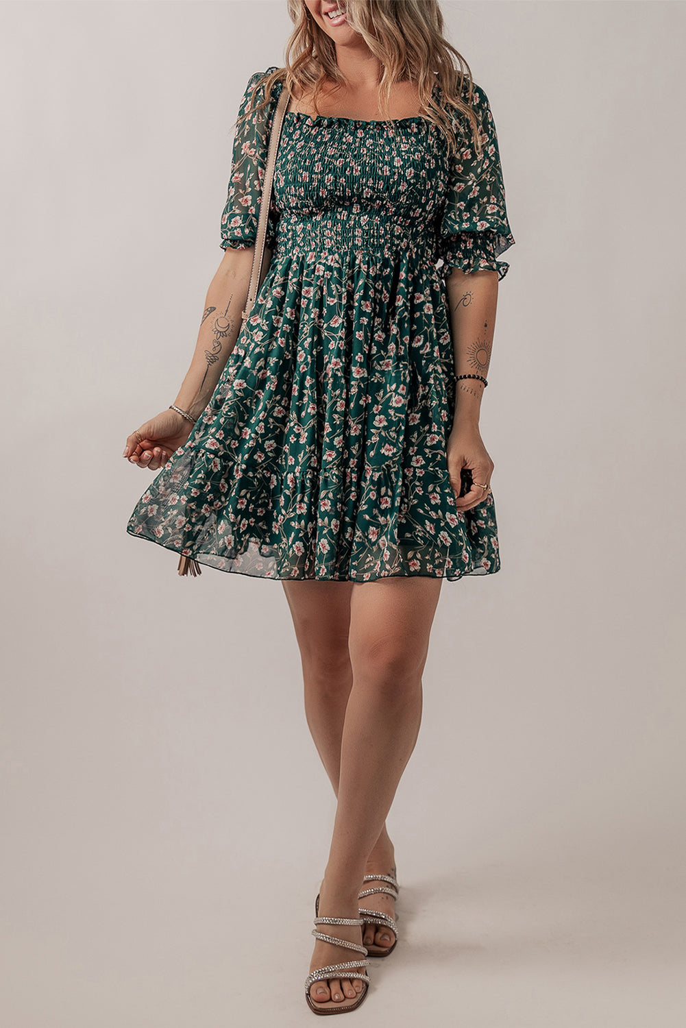 Green Smocked Square Neck Puff Short Sleeve Floral Dress