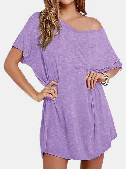 Pocketed V-Neck Short Sleeve Tee Dress.