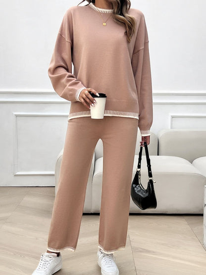 Round Neck Dropped Shoulder Top and Pants Sweater Set.