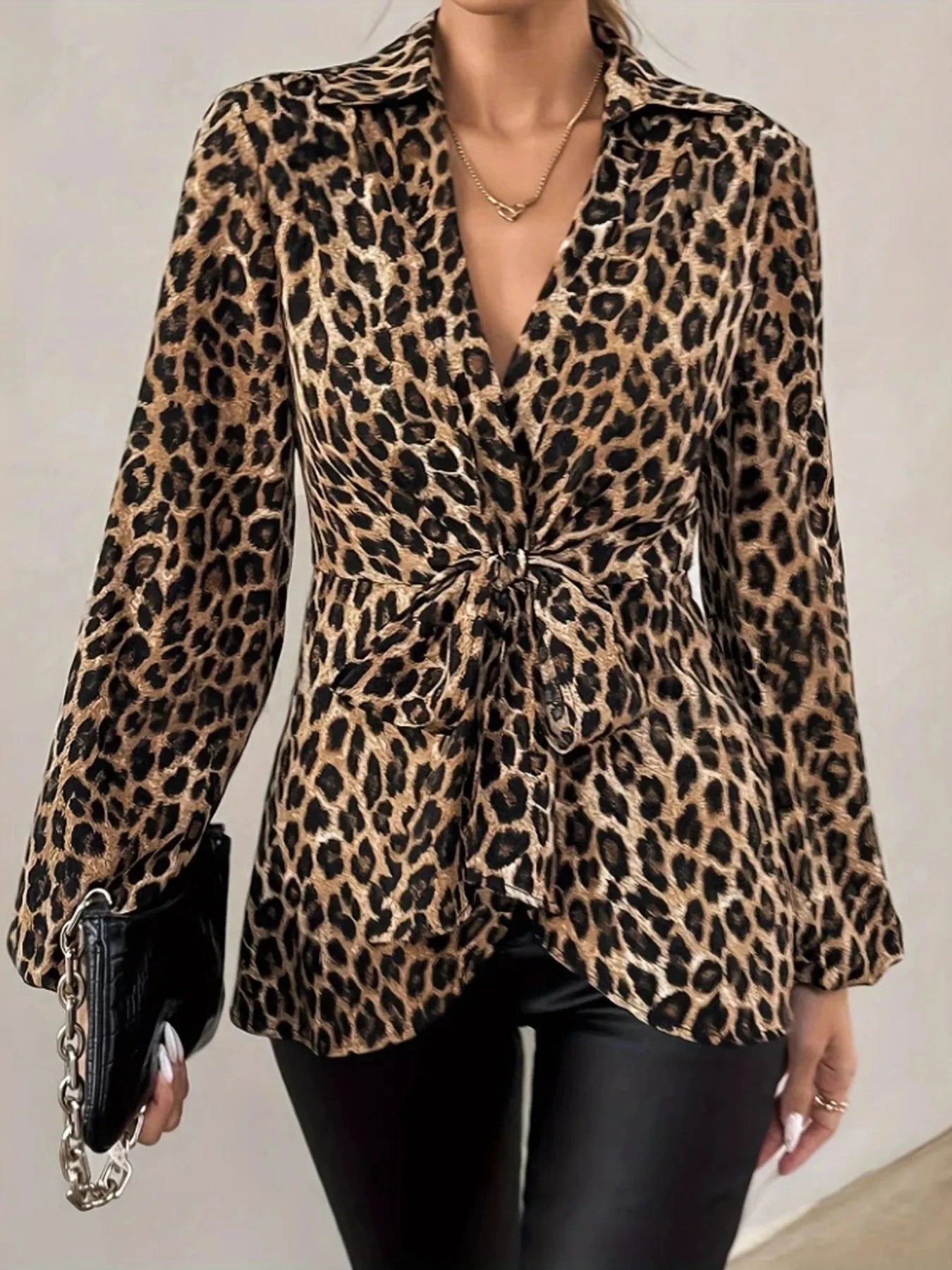 Leopard Tie Front Long Sleeve Blouse Coco’s Tee Boutique