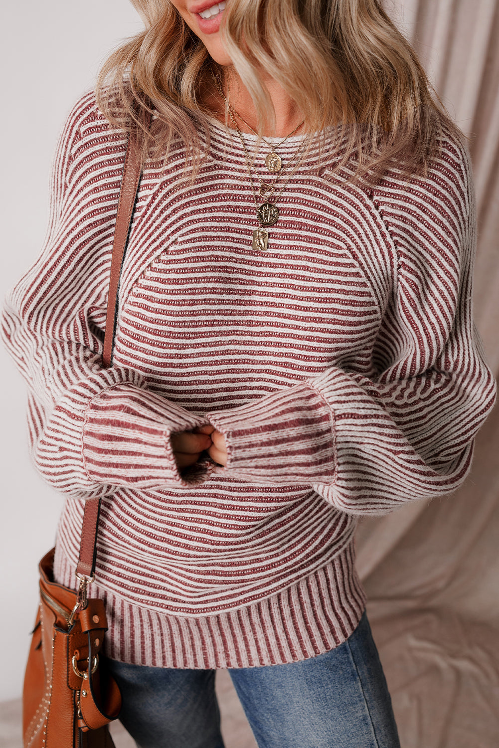 Premium Red Dahlia Striped Print Knit Boat Neck Baggy Sweater