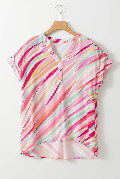 Vibrant Abstract Print High Low Blouse with Short Sleeves