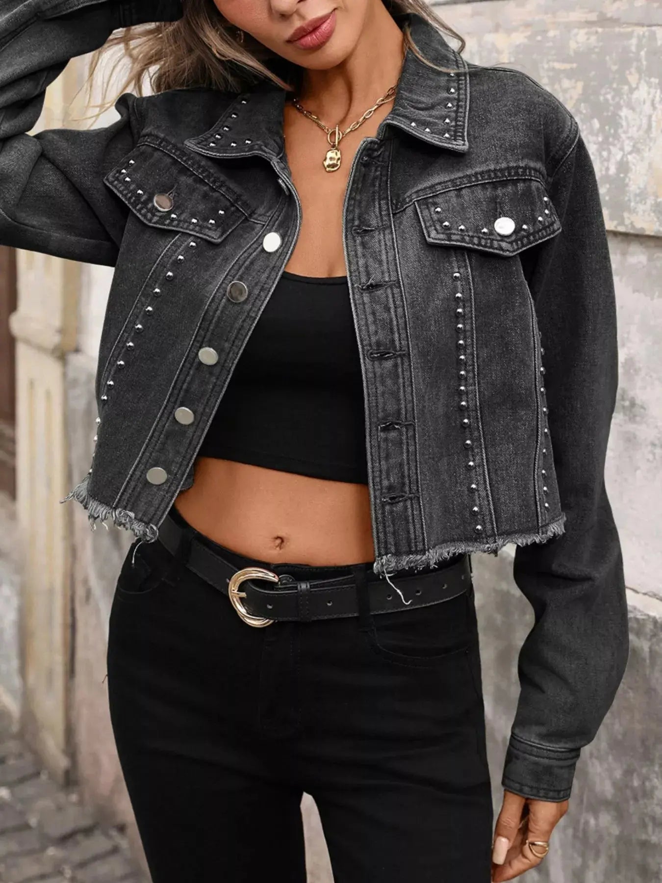 Studded Raw Hem Denim Jacket Simply Love