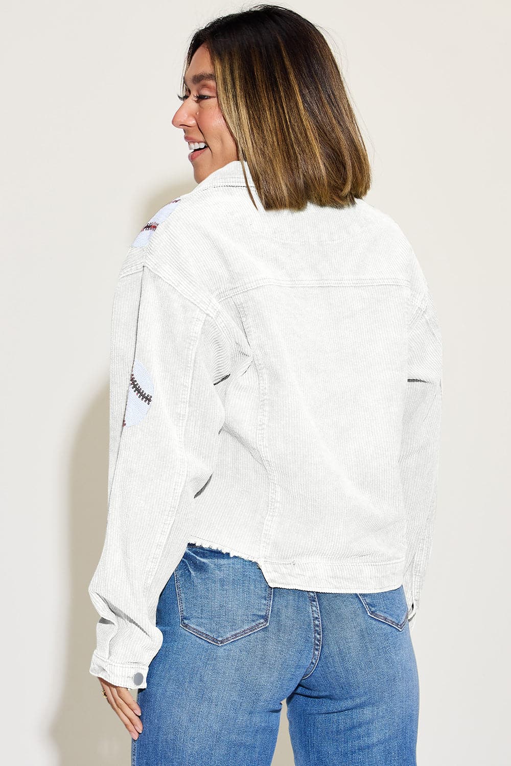 Ball Sequin Dropped Shoulder Raw Hem Jacket.