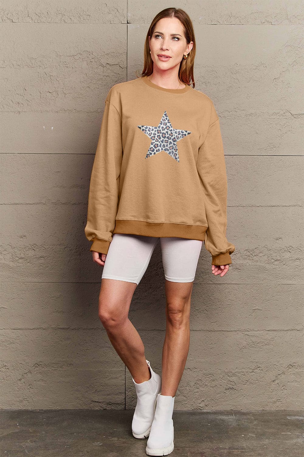 Simply Love Full Size Leopard Star Graphic Sweatshirt.