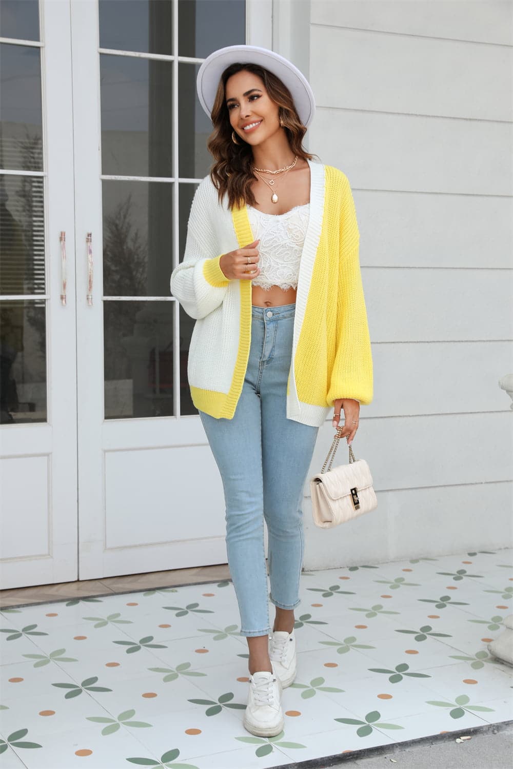 Open Front Contrast Color Balloon Sleeve Cardigan.