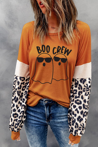 Boo Crew spooky ghost tee with graphic design and leopard print sleeves.