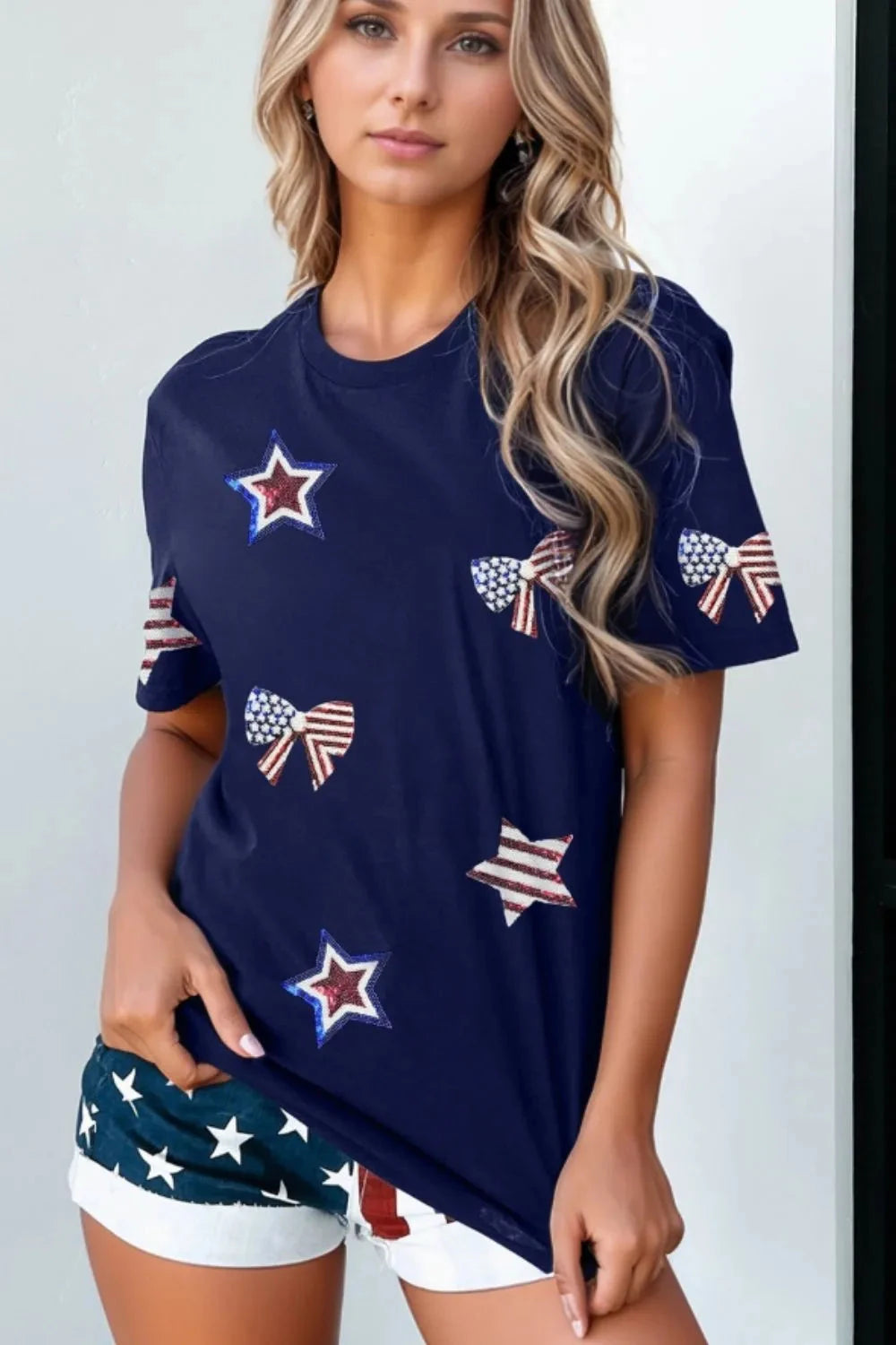 Sequin Star Round Neck Short Sleeve T-Shirt Simply Love
