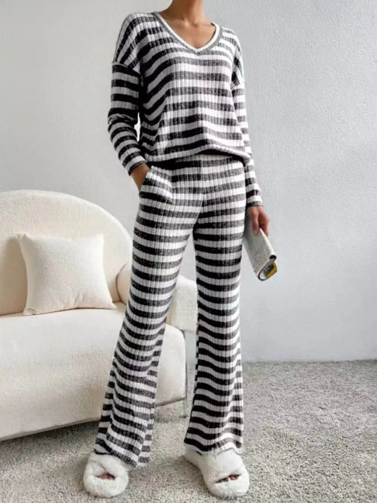 Striped Ribbed Knit Top and Pants Set Simply Love