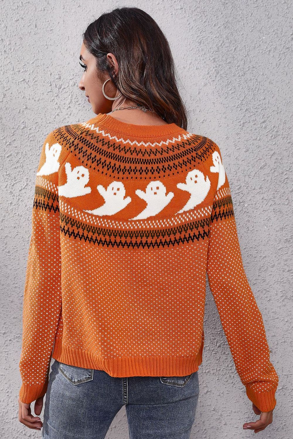 Chic ghost print long sleeve sweater with round neck