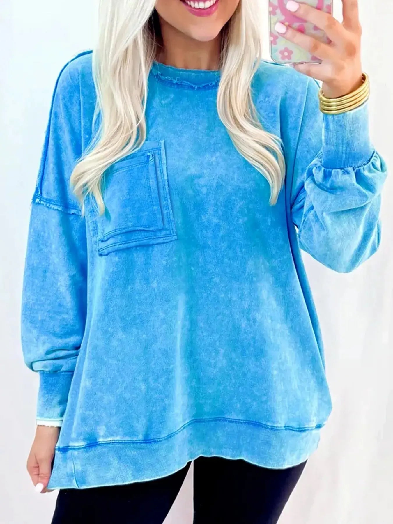 Mineral Wash Raw Seam Double Patched Pocket Sweatshirt Simply Love